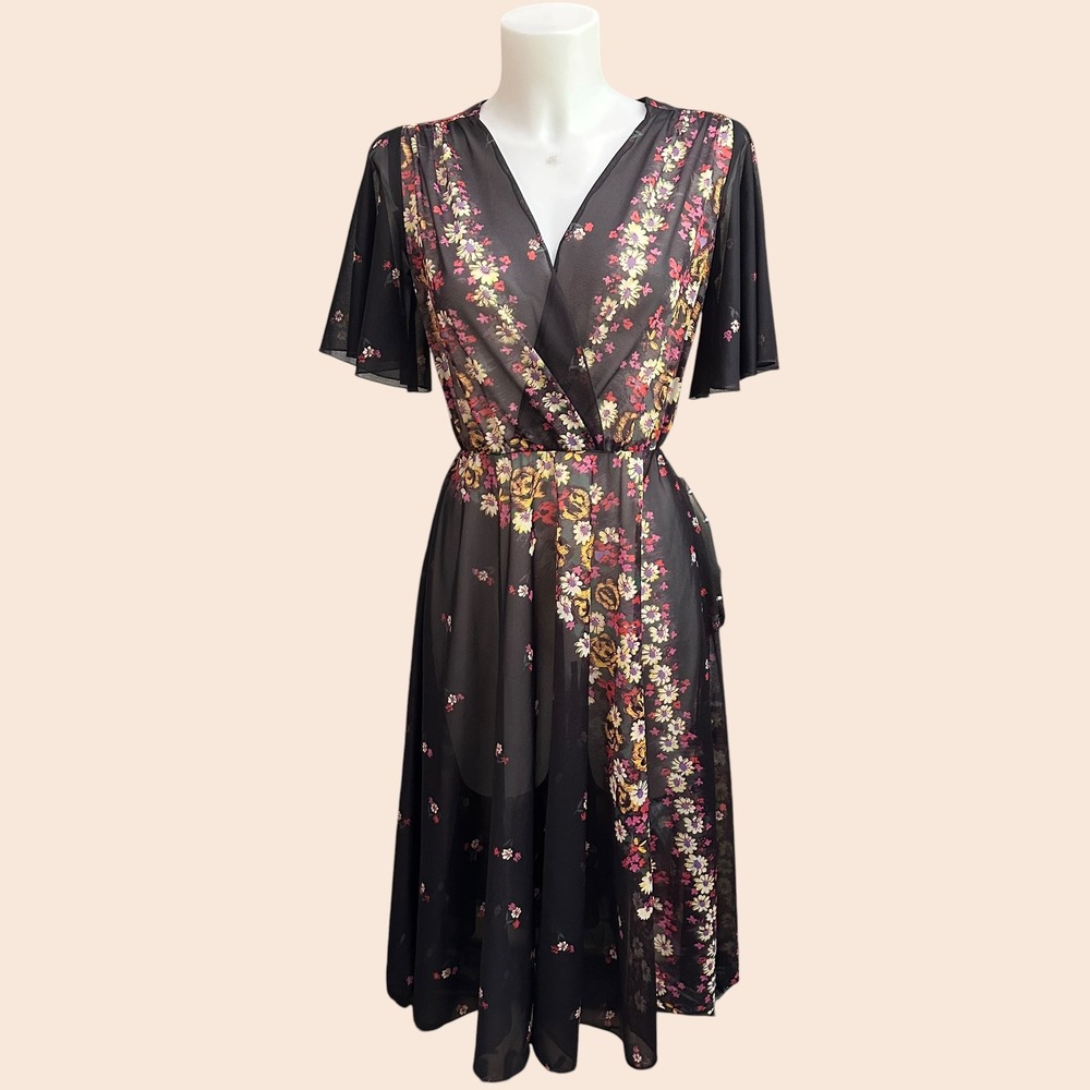 Vintage Black Floral Border Print Sheer Dress Romantic Boho Flutter Sleeve sz 8
